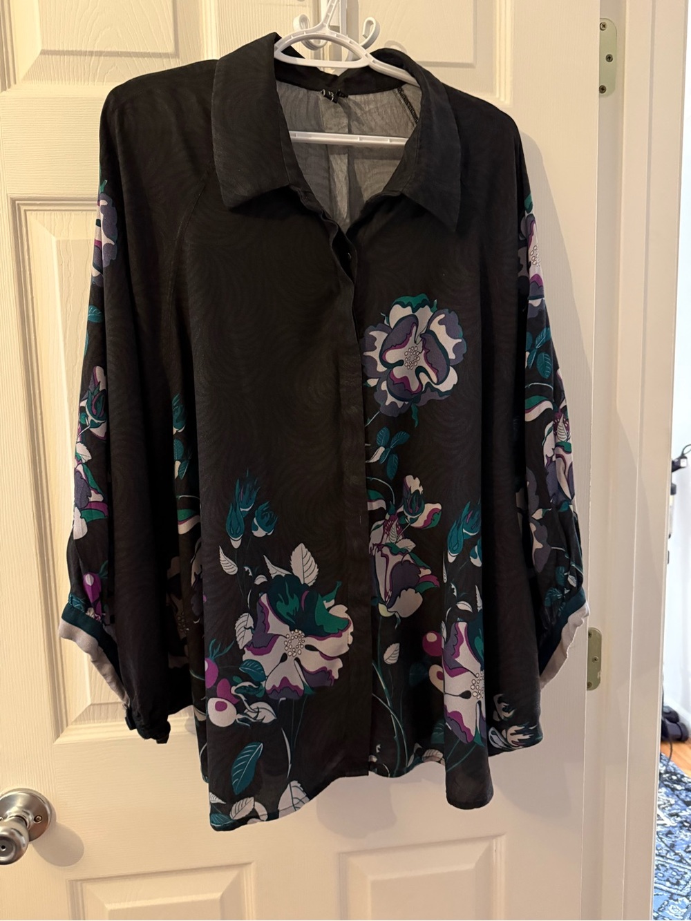 Anthropologie Black Floral Dolman Blouse with Purple & Teal Accents - Picture 3 of 4